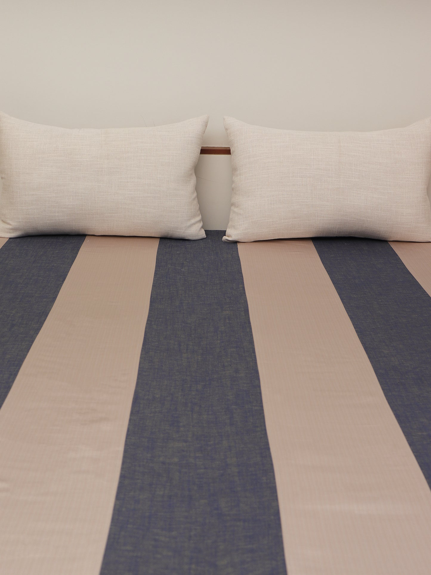 Bedcover With 2 Pilllow Sham Cotton Blend Stripes Patchwork Blue Beige - 90" X 108", 17" X 27"