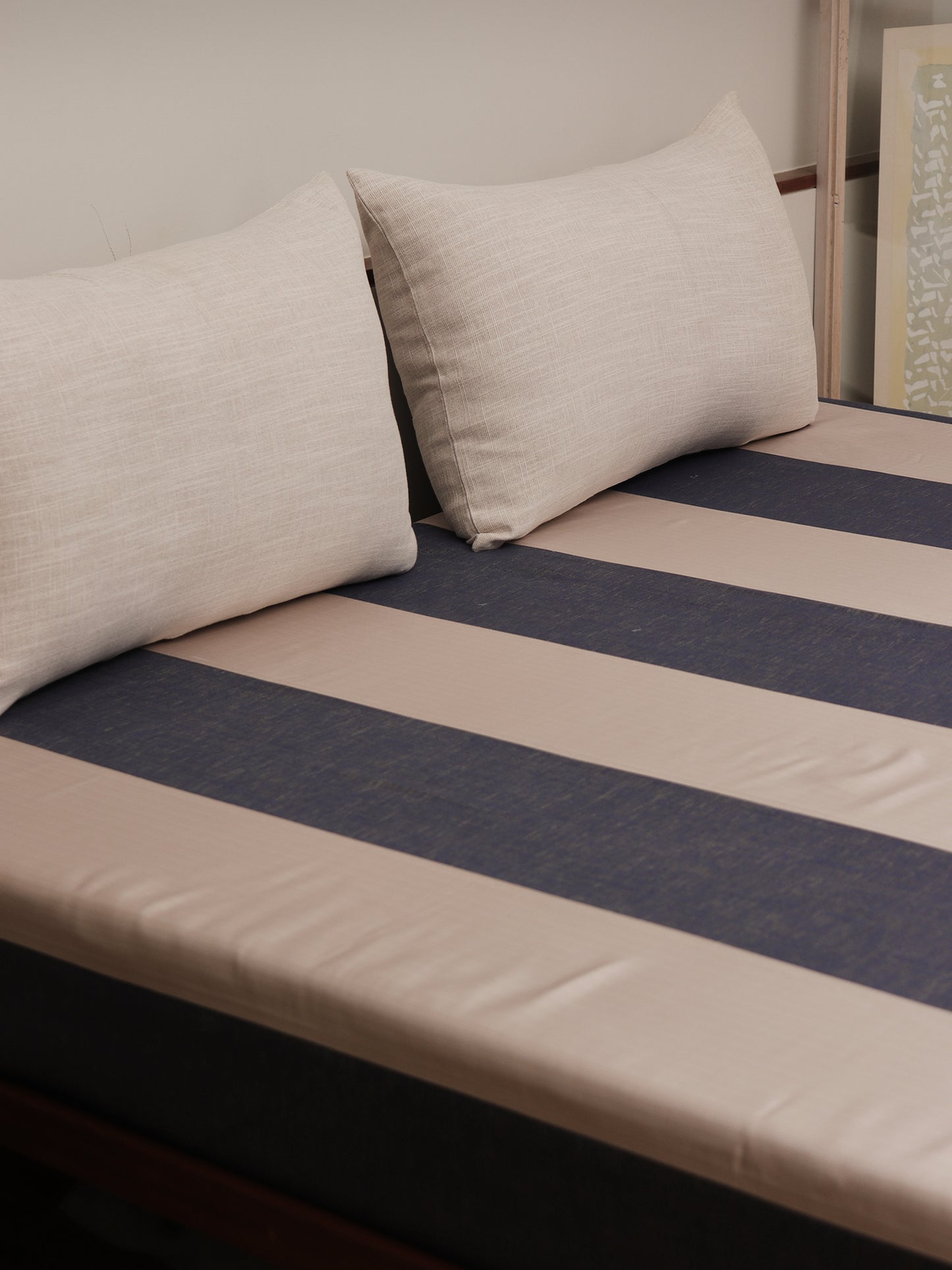 Bedcover With 2 Pilllow Sham Cotton Blend Stripes Patchwork Blue Beige - 90" X 108", 17" X 27"
