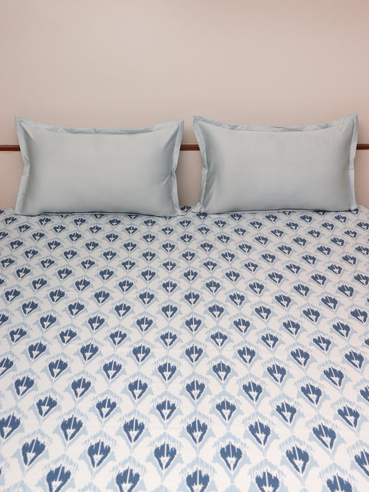 blue colored Motif printed bed cover with 2 matching pillow covers made from cotton blend for queen size double bed 90x108 inch