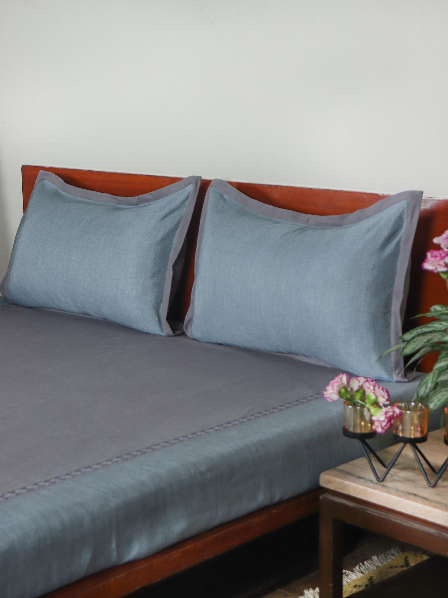 Cotton Blend Embroidered Bedcover for Double Bed with 2 Pillow Covers | Embroidered with Patchwork - Queen Size - Grey Color| Bedcover 90 x 108inches (7.5x9ft), Pillow Covers 17x27in