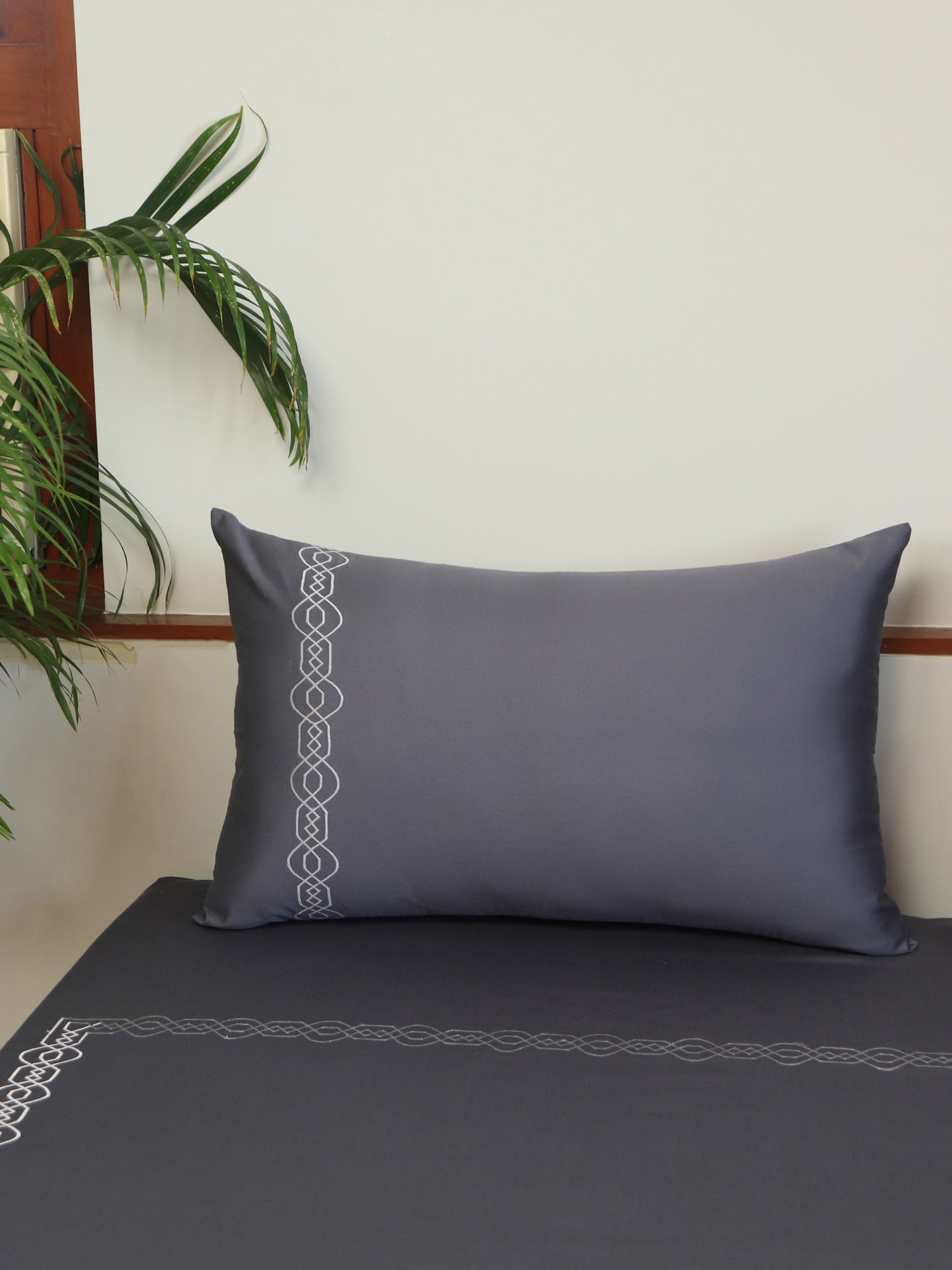 Bedsheet with 2 Pillow Covers 100% Cotton 800TC Floral Aari Embroidery Grey - 108" X 108", 17" X 27"