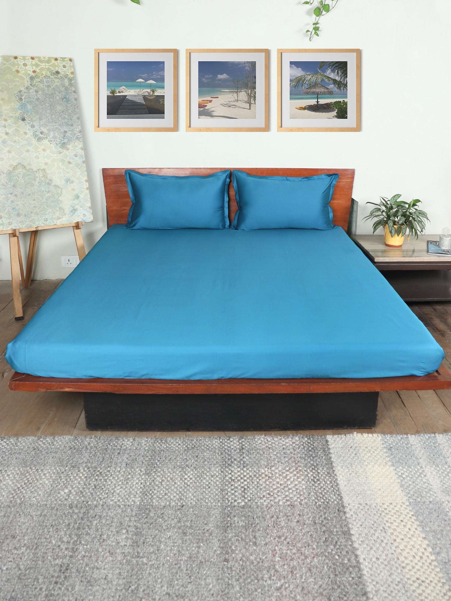 Bedsheet 100% Cotton 400TC for King Size Double Bed with Pillow Covers Teal Blue - Bedsheet 108x108inches, Pillow Covers 17x27inches