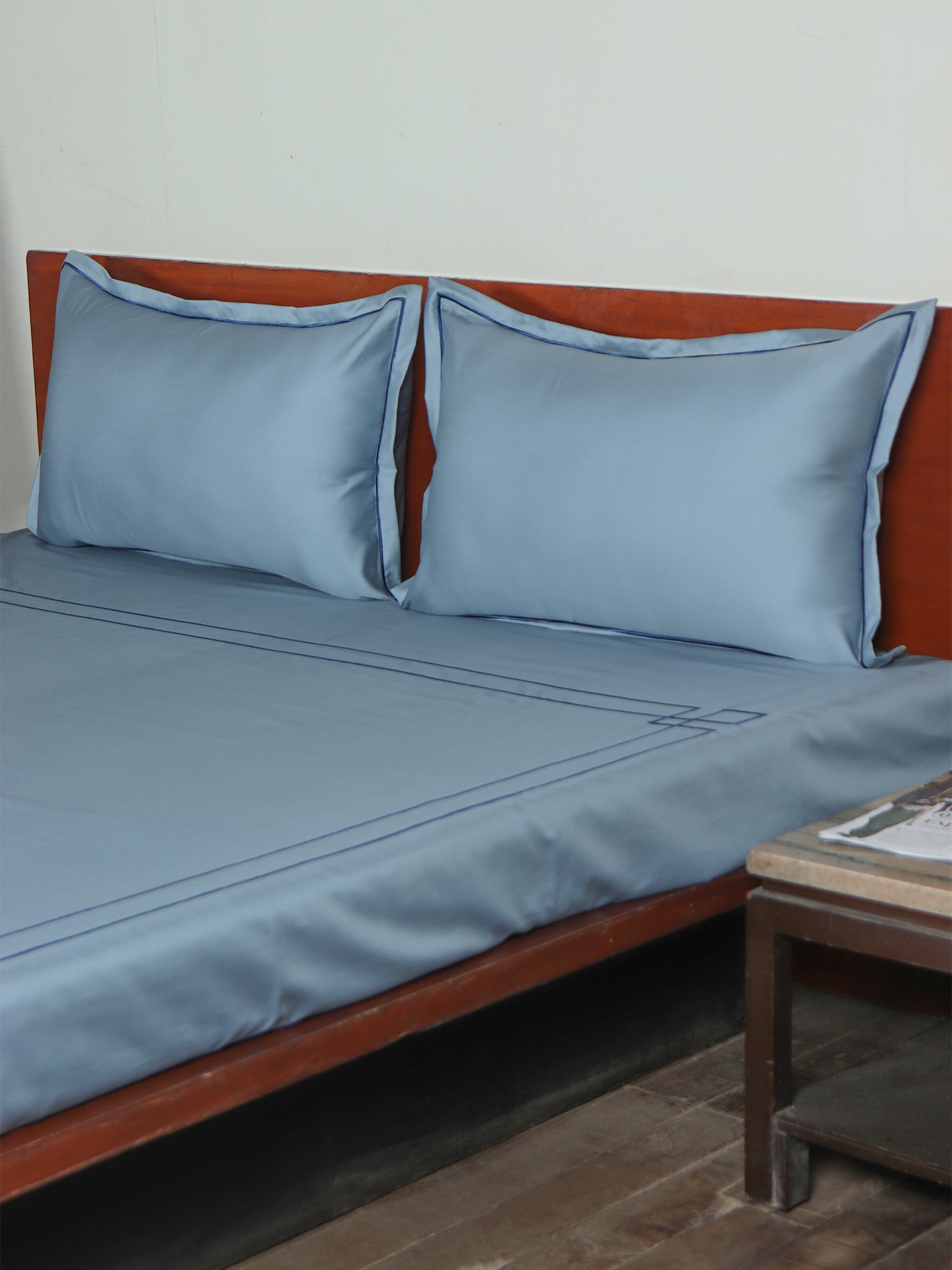 light blue embroidered bedsheet with 2 matching pillow covers made from 100% pure cotton for king size double bed in 800 thread count fabric