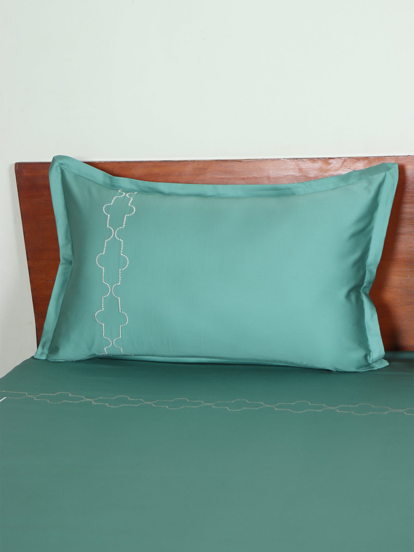 Bedsheet 100% Cotton 400 TC Embroidered for King Size Double Bed with Pillow Covers Green - Bedsheet 108x108inches, Pillow Covers 17x27inches