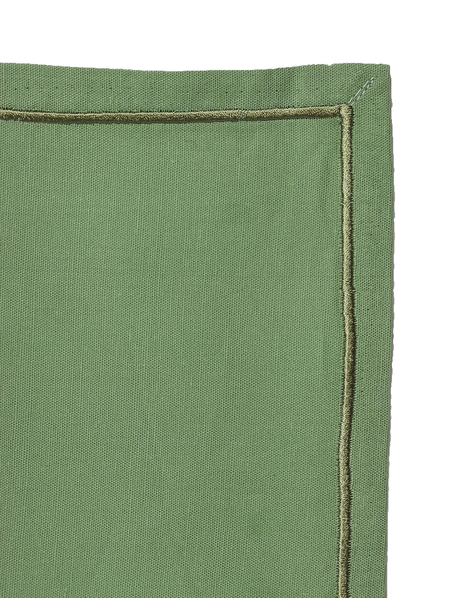 closeup of embroidered set of 6 dinner napkins in olive green color - 16x16 inch