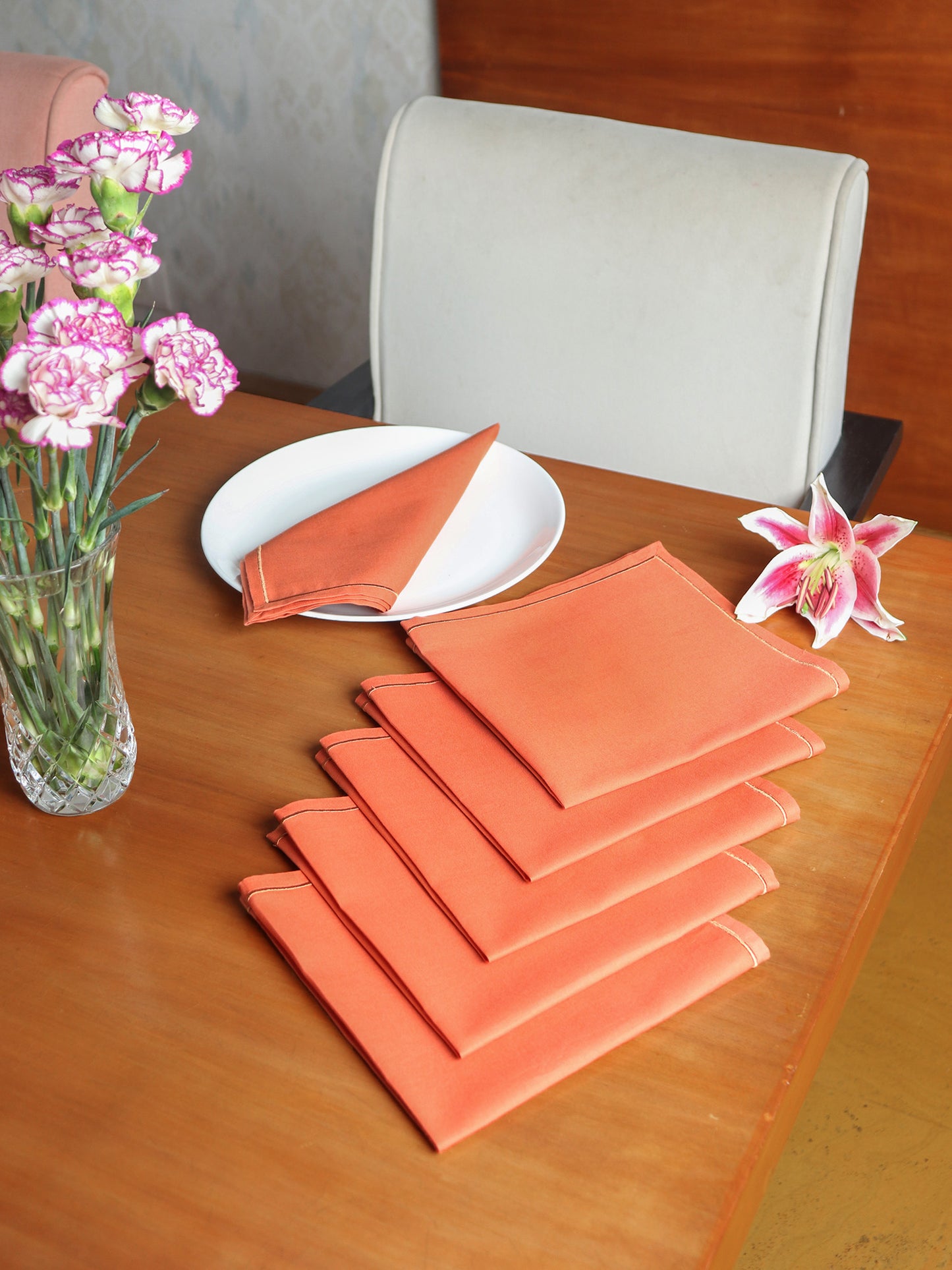 embroidered set of 6 dinner napkins in cark coral color - 16x16 inch