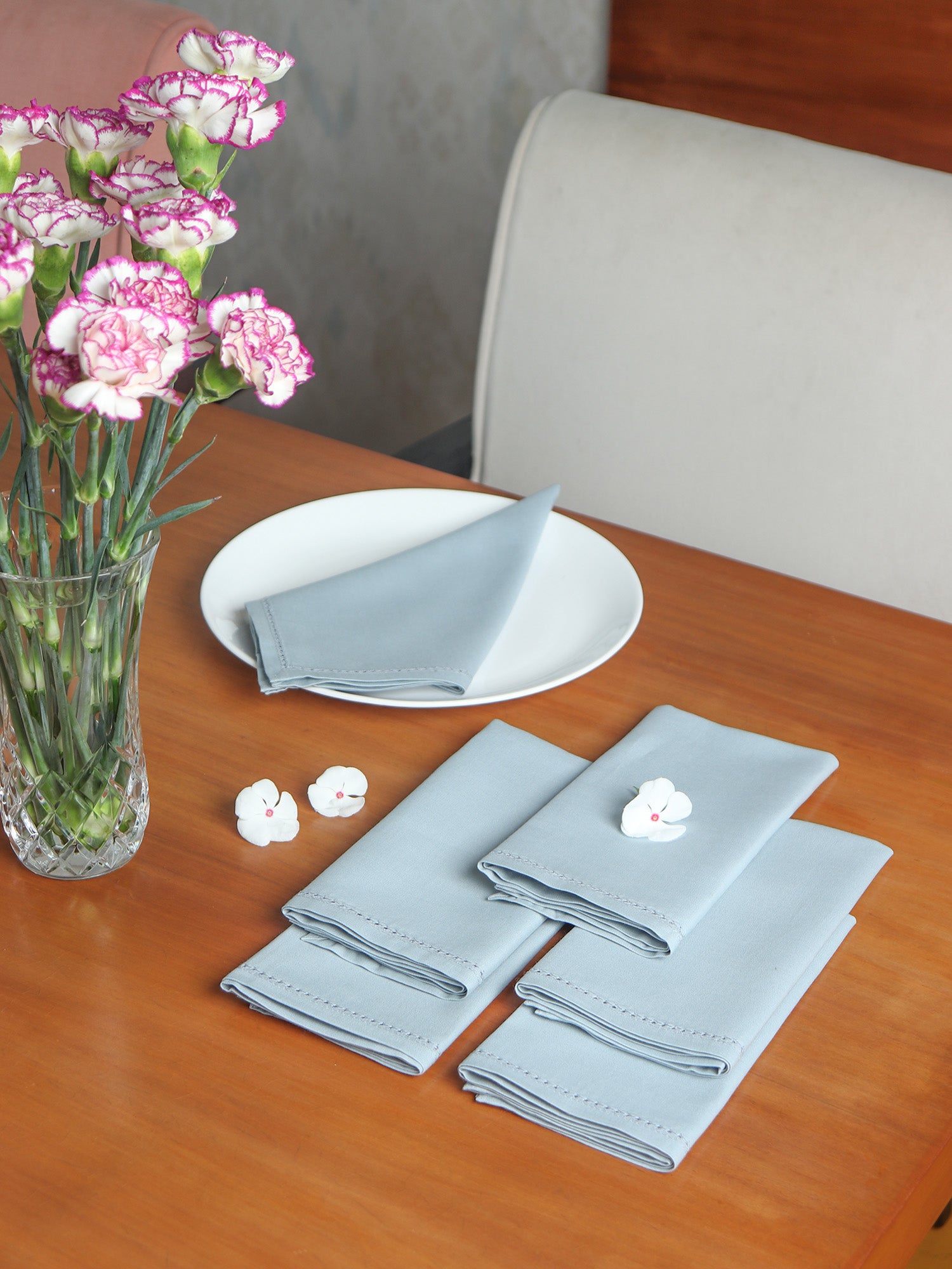 Dinner Napkins 6pcs Set Cotton, Embroidered Fagotting Napkins for Dinner table Blue Grey - 16"x16" 