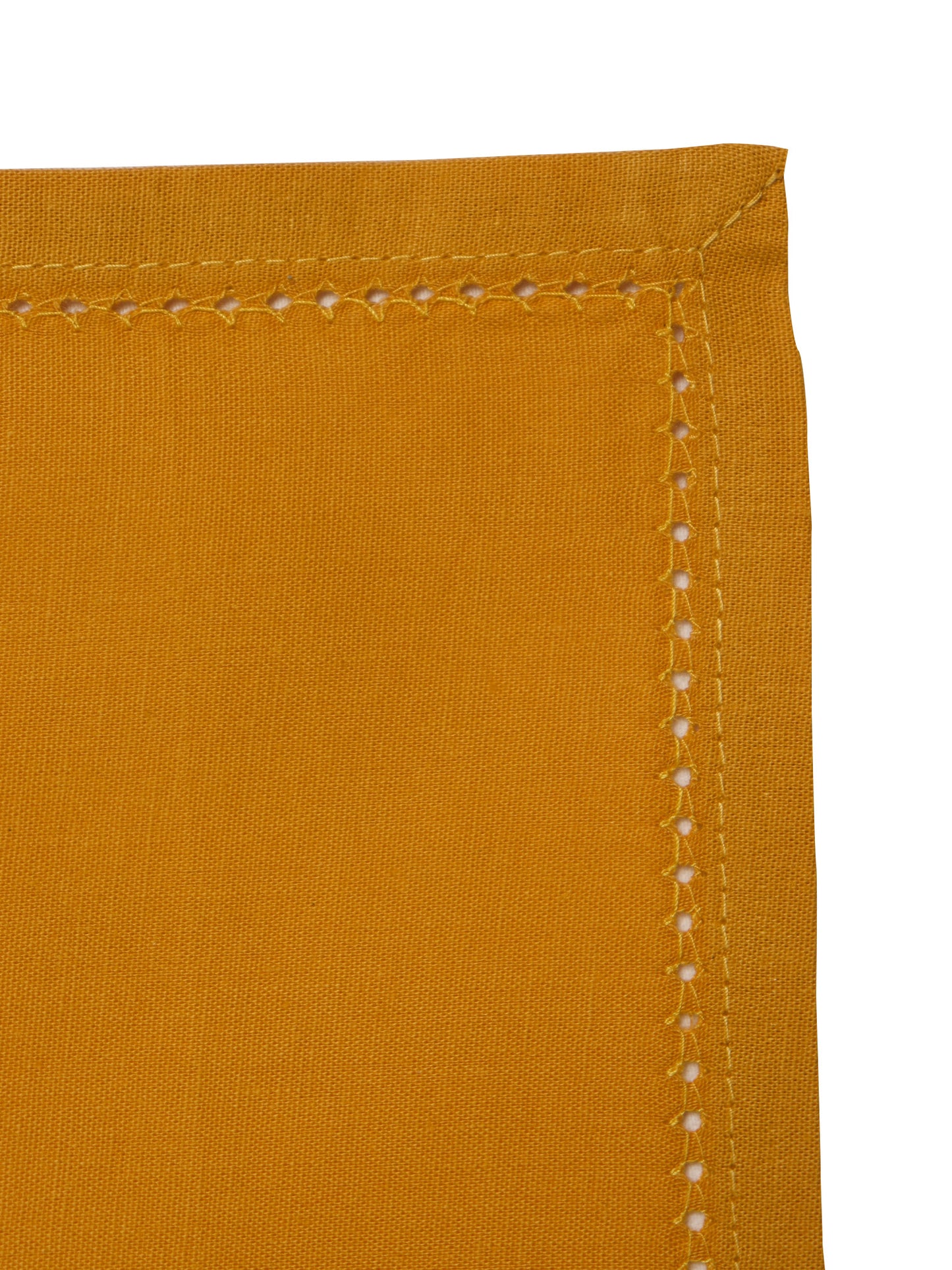 closeup of fagotting embroidered set of 6 dinner napkins in mustard color - 16x16 inch