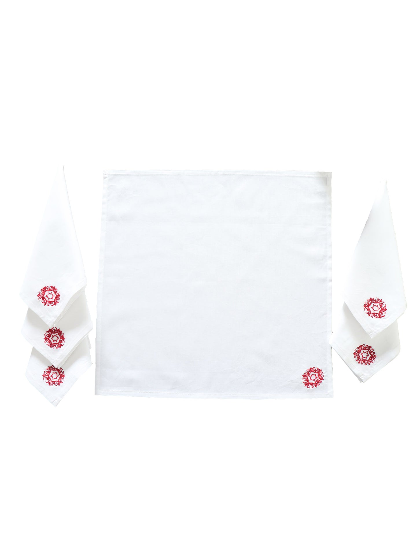 motif embroidered in red color on white colored set of 6 dinner napkins - 16x16 inch
