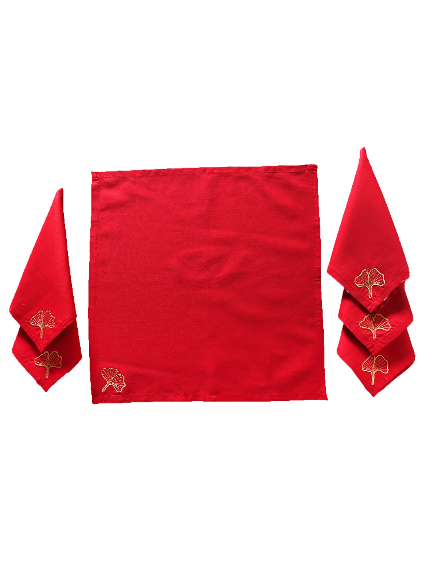 leaf embroidered set of 6 dinner napkins cotton red color - 16x16 inch