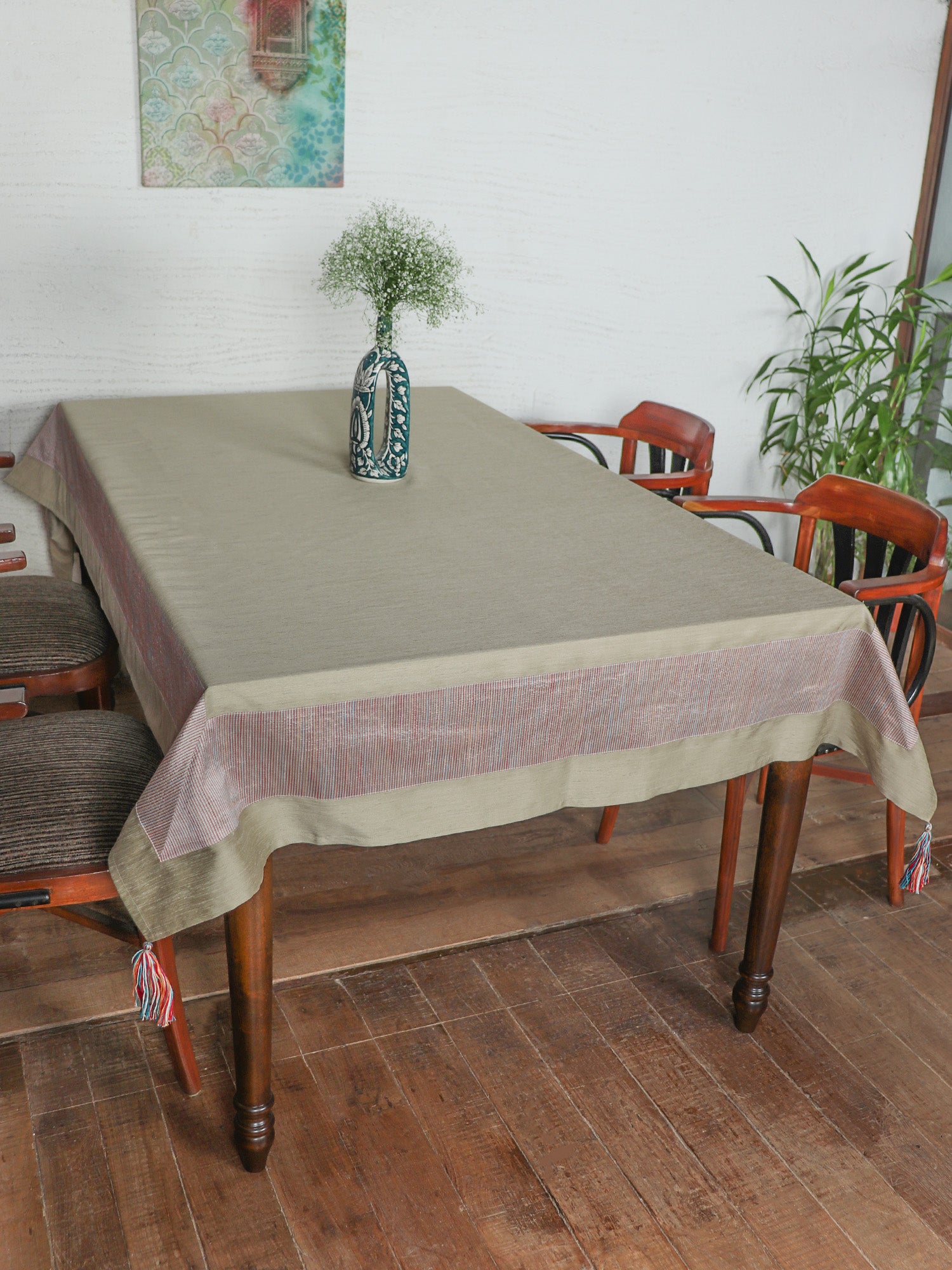Table Cover Patchwork and Jeans Stitch Panel of Silk and Tassels Light Beige - 52in x 84in