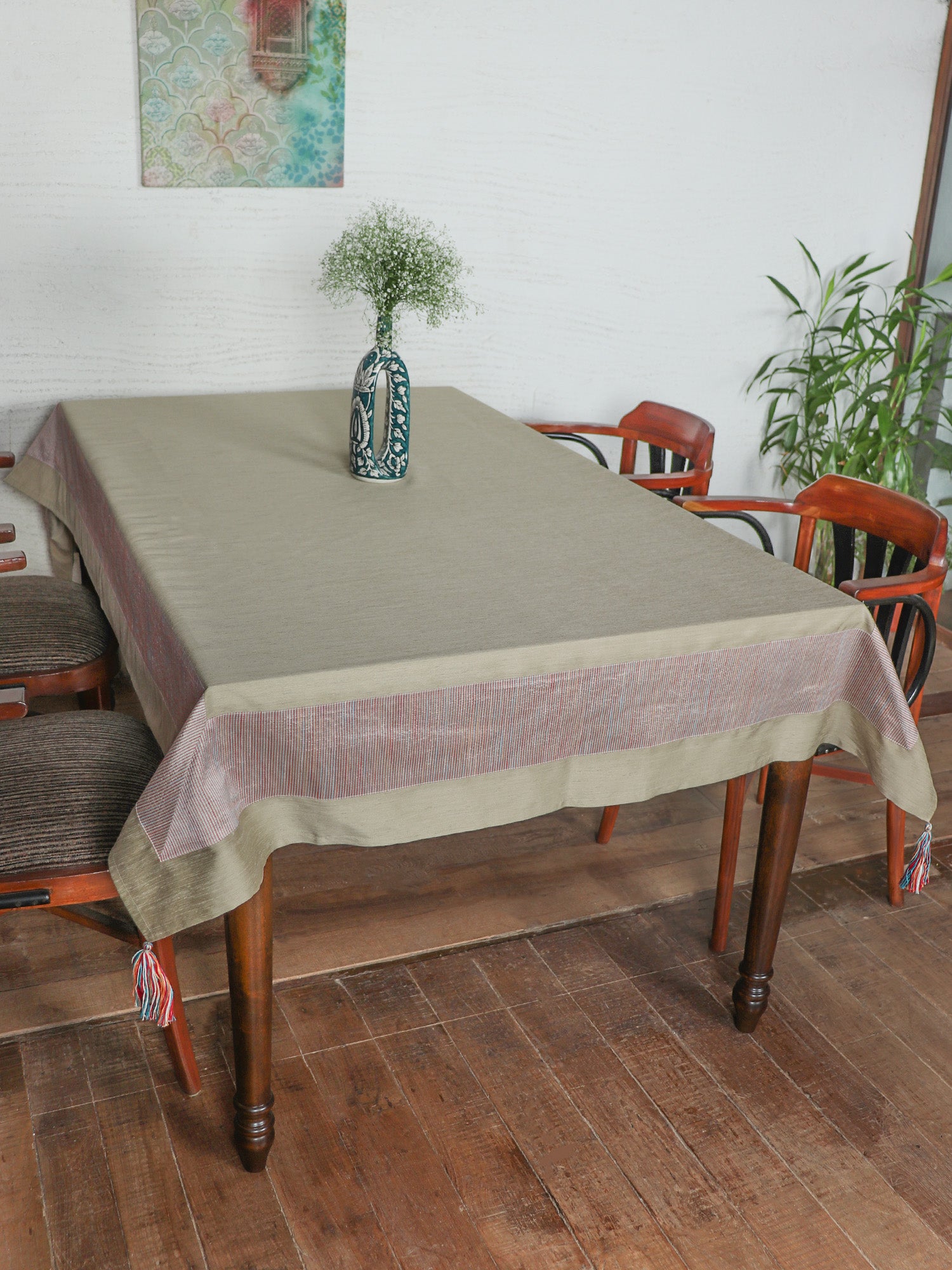Table Cover Patchwork and Jeans Stitch Panel of Silk and Tassles | Polyester Light Beige Heat Resistant Table Cover for Kitchen Table/Dining Table Cloth, 52 X 84 Inches; 130 cm X 210 cm