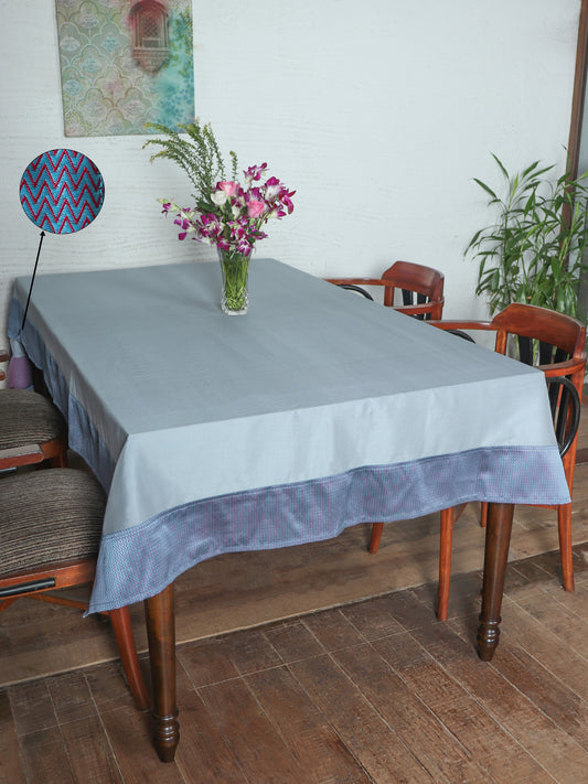 blue colored benarasi brocade silk in chevron pattern table cover with panel border for 6 seater table 52x84 inches