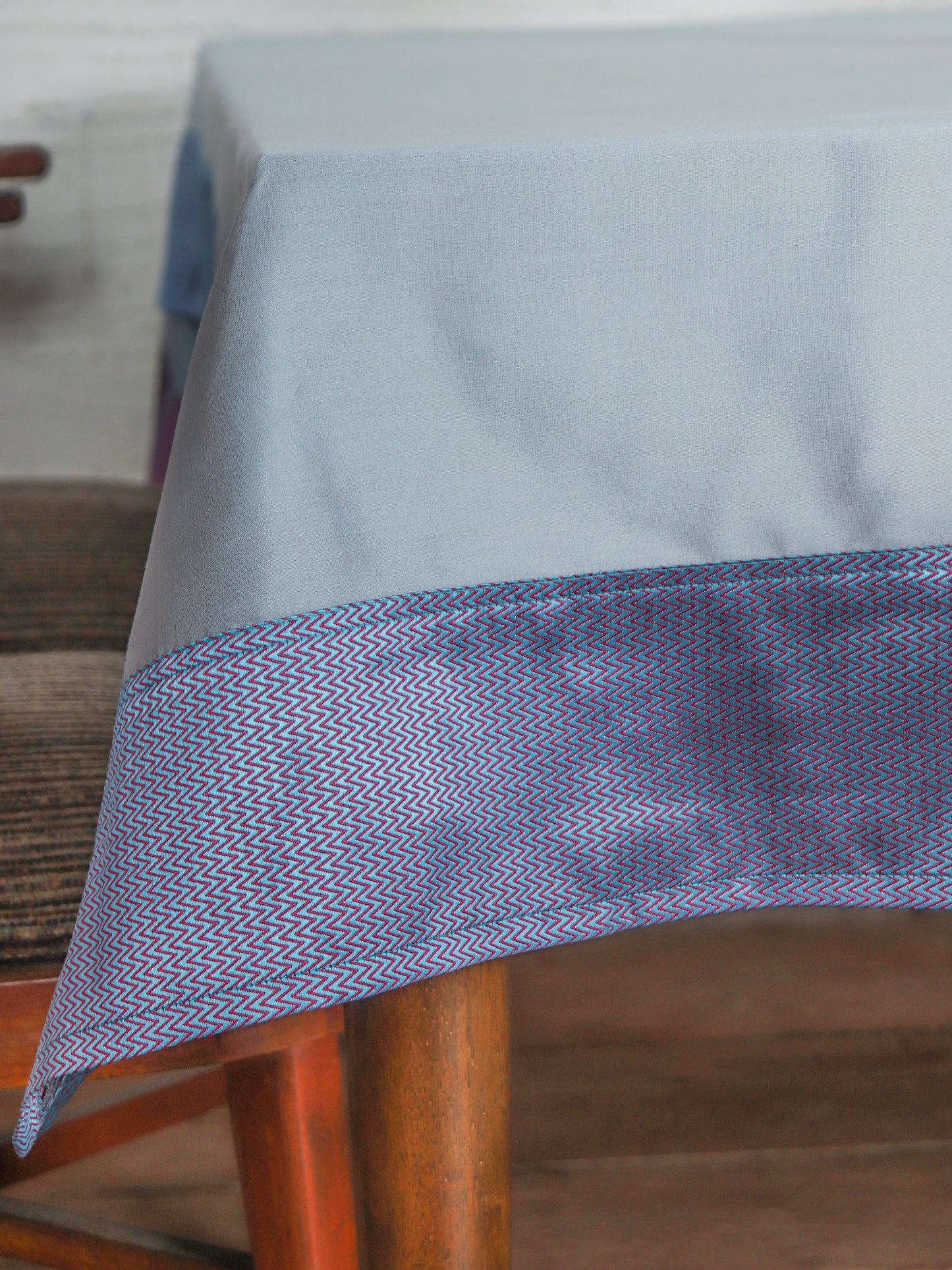Table Cover with Panel Border with Brocade Silk in Chevron Pattern | Blue | Heat Resistant Table Cover for Kitchen Table/Dining Table Cloth, 52 X 84 Inches; 130 cm X 210 cm