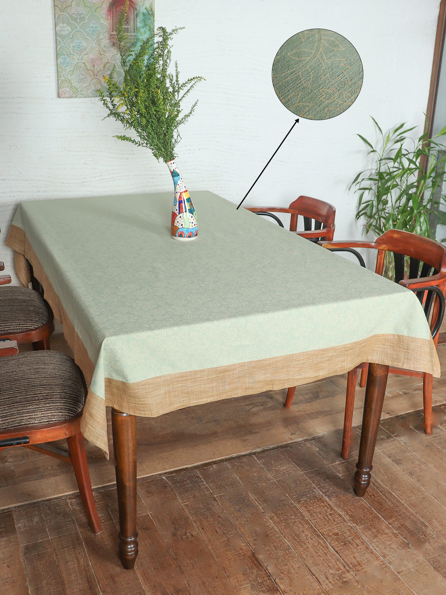 Table Cover with Panel Border and Self Textured Floral Pattern | Cotton Blend - Green Brown | Heat Resistant Cover for Kitchen Table/Dining Table Cloth, 52 X 84 Inches; 130 cm X 210 cm