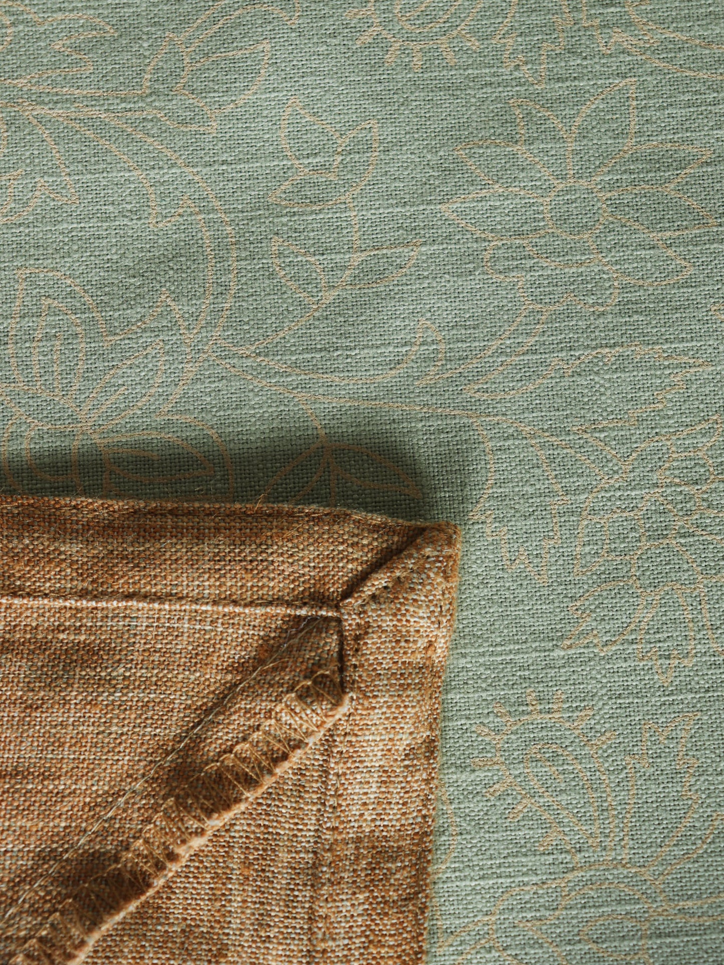 Table Cover with Panel Border and Self Textured Floral Pattern | Cotton Blend - Green Brown | Heat Resistant Cover for Kitchen Table/Dining Table Cloth, 52 X 84 Inches; 130 cm X 210 cm