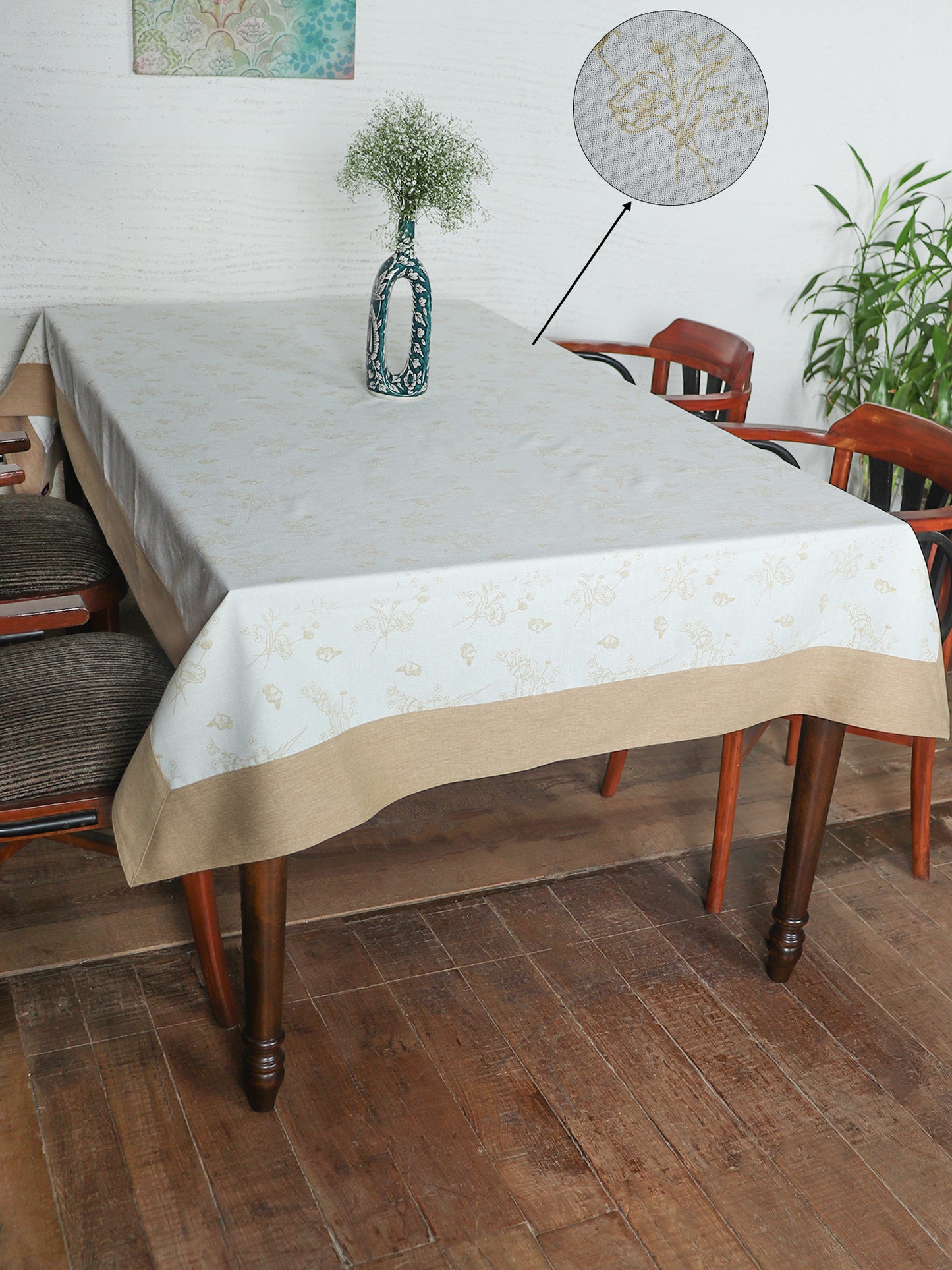 Table Cover with Panel Border and Self Textured Floral Pattern | Cotton Blend - Offwhite and Gold | Heat Resistant Kitchen Table/Dining Table Cloth, 52 X 84 Inches; 130 cm X 210 cm