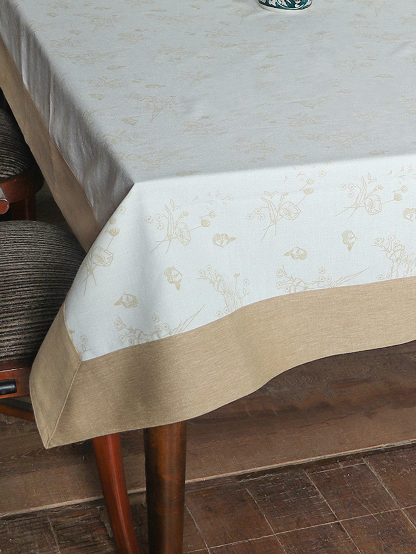 Table Cover with Panel Border and Self Textured Floral Pattern | Cotton Blend - Offwhite and Gold | Heat Resistant Kitchen Table/Dining Table Cloth, 52 X 84 Inches; 130 cm X 210 cm