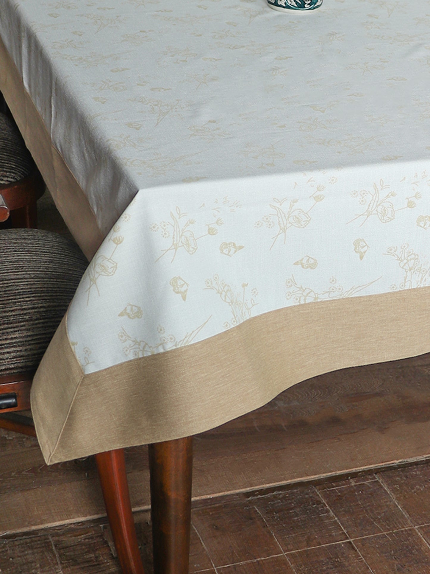 offwhite colored printed table cover with golden panel border for 6 seater table 52x84 inches