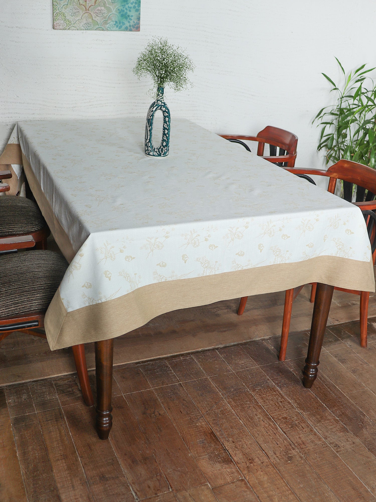 Table Cover with Panel Border and  Self Textured Floral Pattern | Cotton Blend - Off White and Gold - 52in x 84in