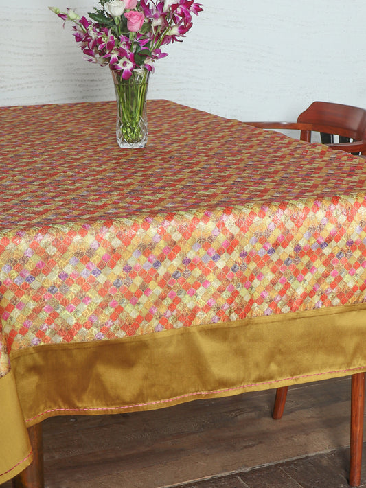 red and gold colored benarasi brocade silk table cover with panel border for 6 seater table 52x84 inches