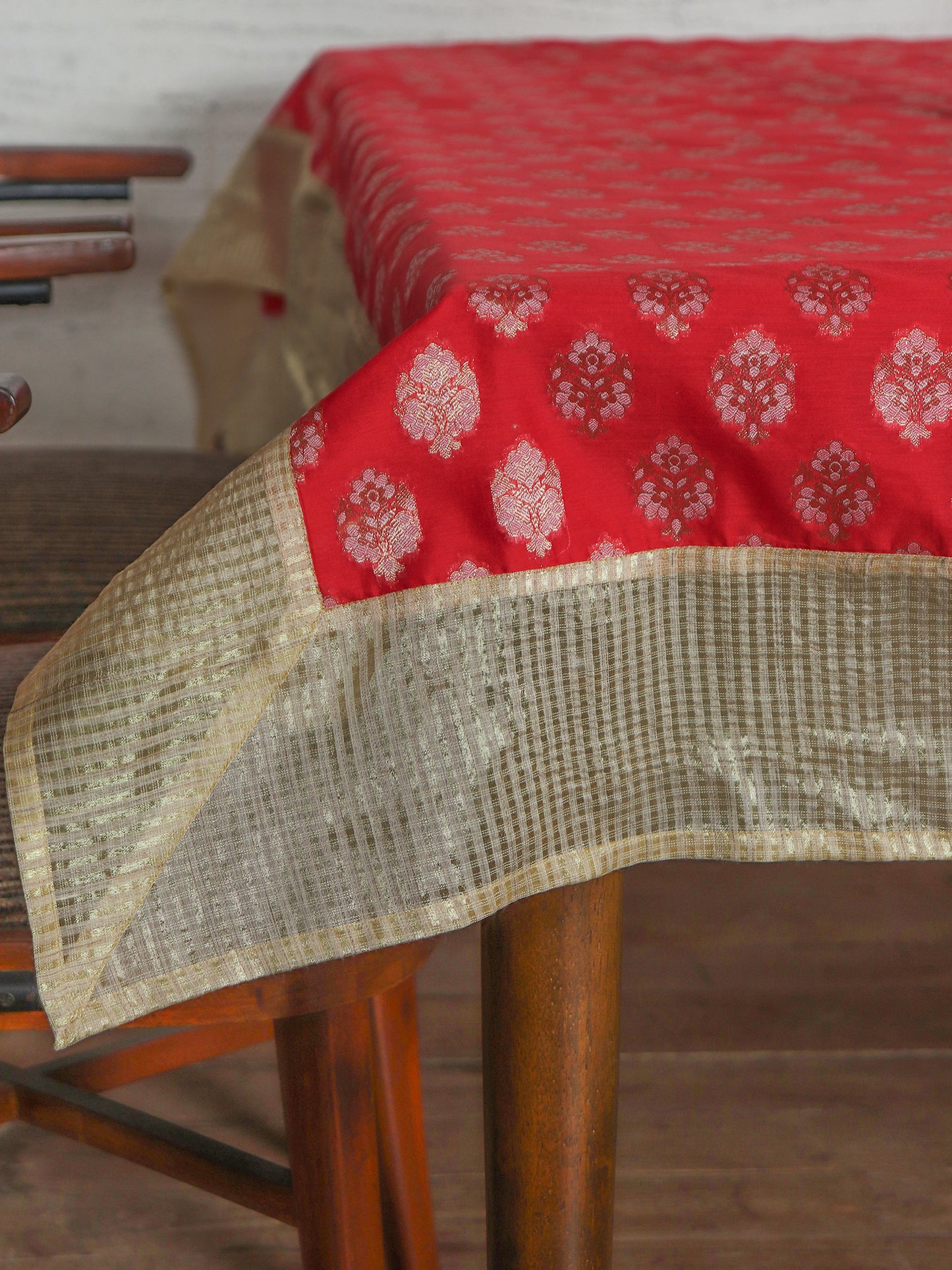 Red colored benarasi Brocade Silk Table cover with panel border for 6 seater table 52x84 inches