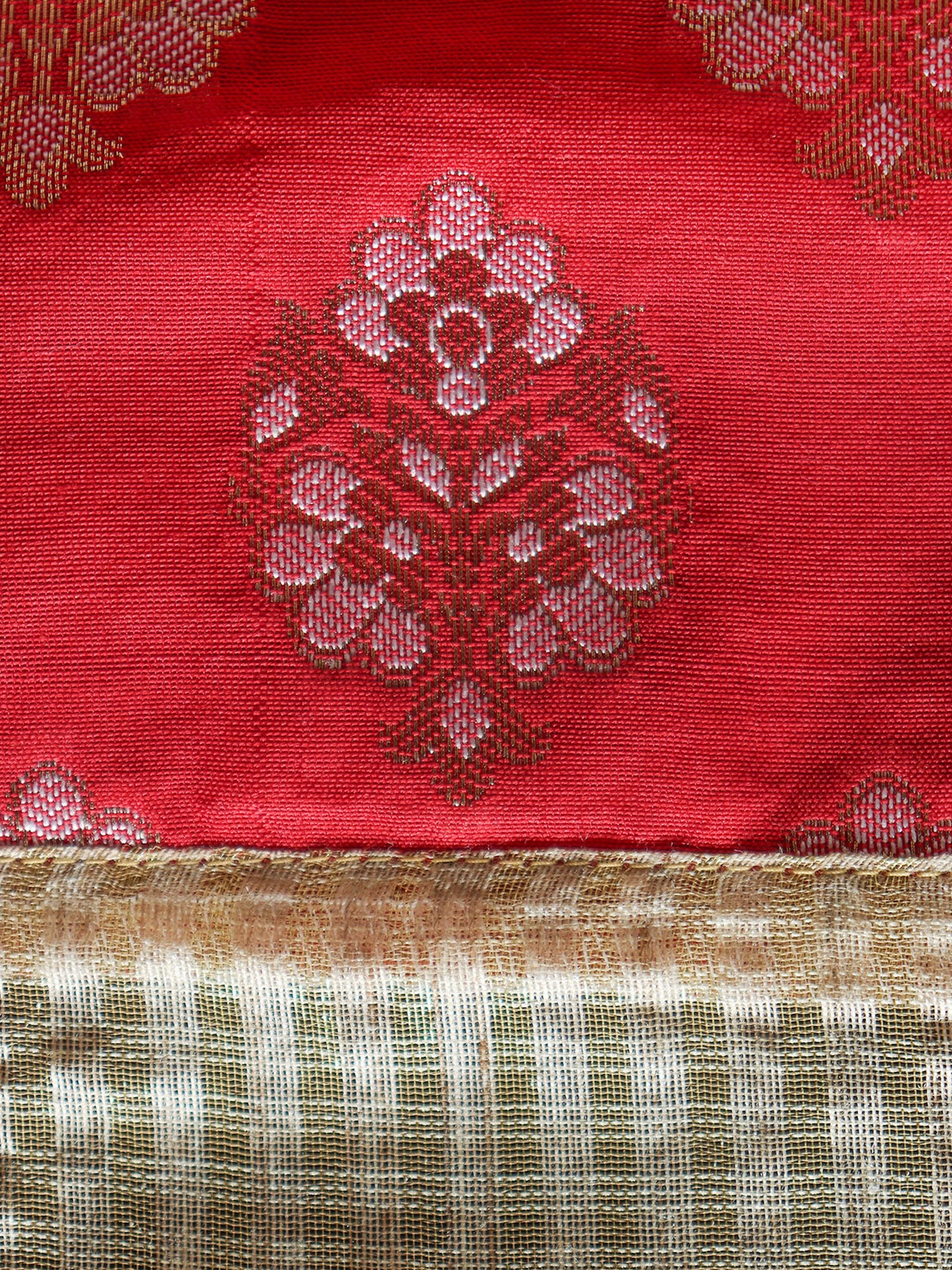 Table Cover Motif with Self Textured Brocade Silk and Border Patchwork | Red and Gold | Heat Resistant Table Cover for Kitchen Table/Dining Table Cloth, 52 X 84 Inches; 130 cm X 210 cm