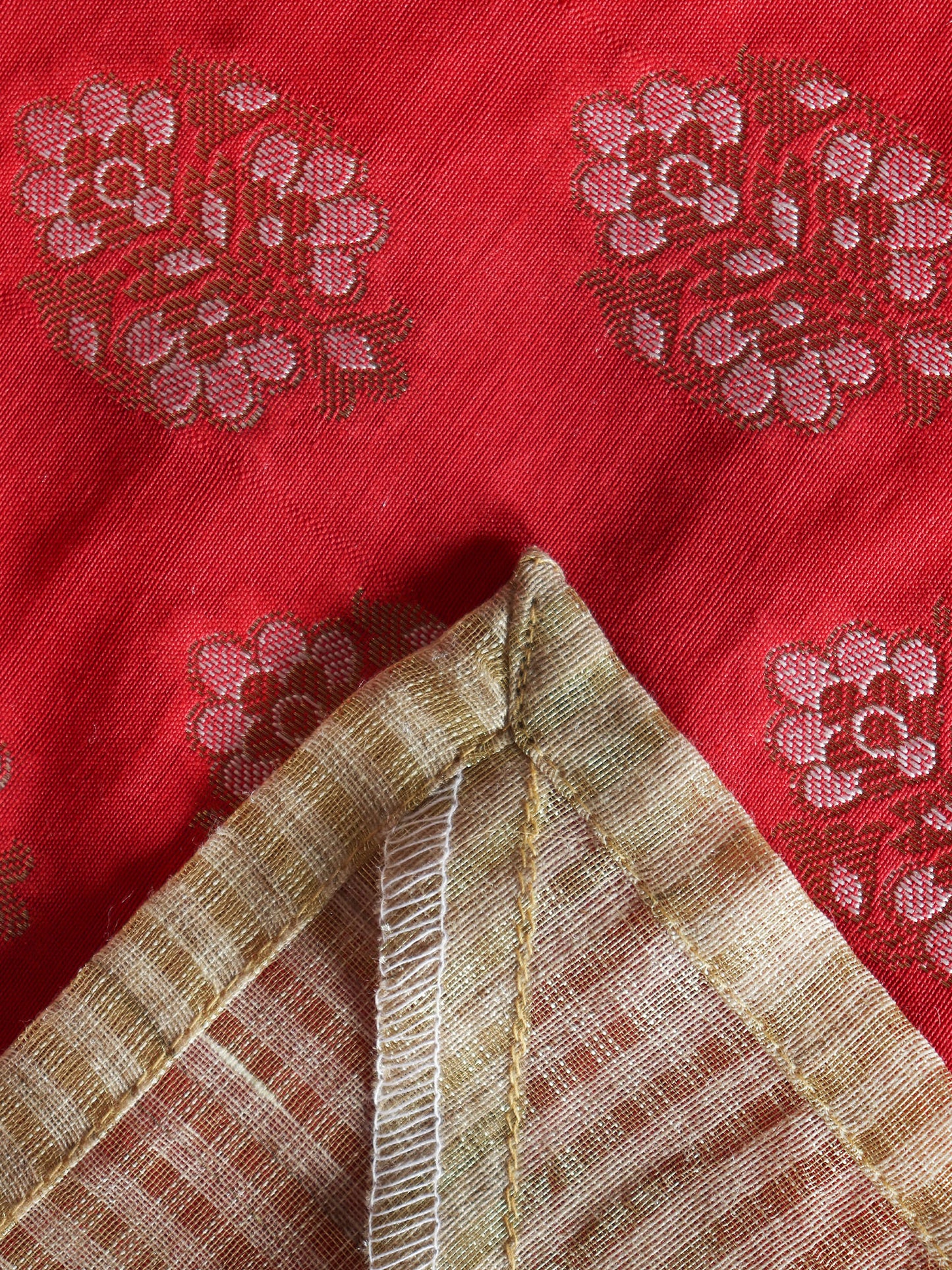 Table Cover Motif with Self Textured Brocade Silk and Border Patchwork | Red and Gold | Heat Resistant Table Cover for Kitchen Table/Dining Table Cloth, 52 X 84 Inches; 130 cm X 210 cm