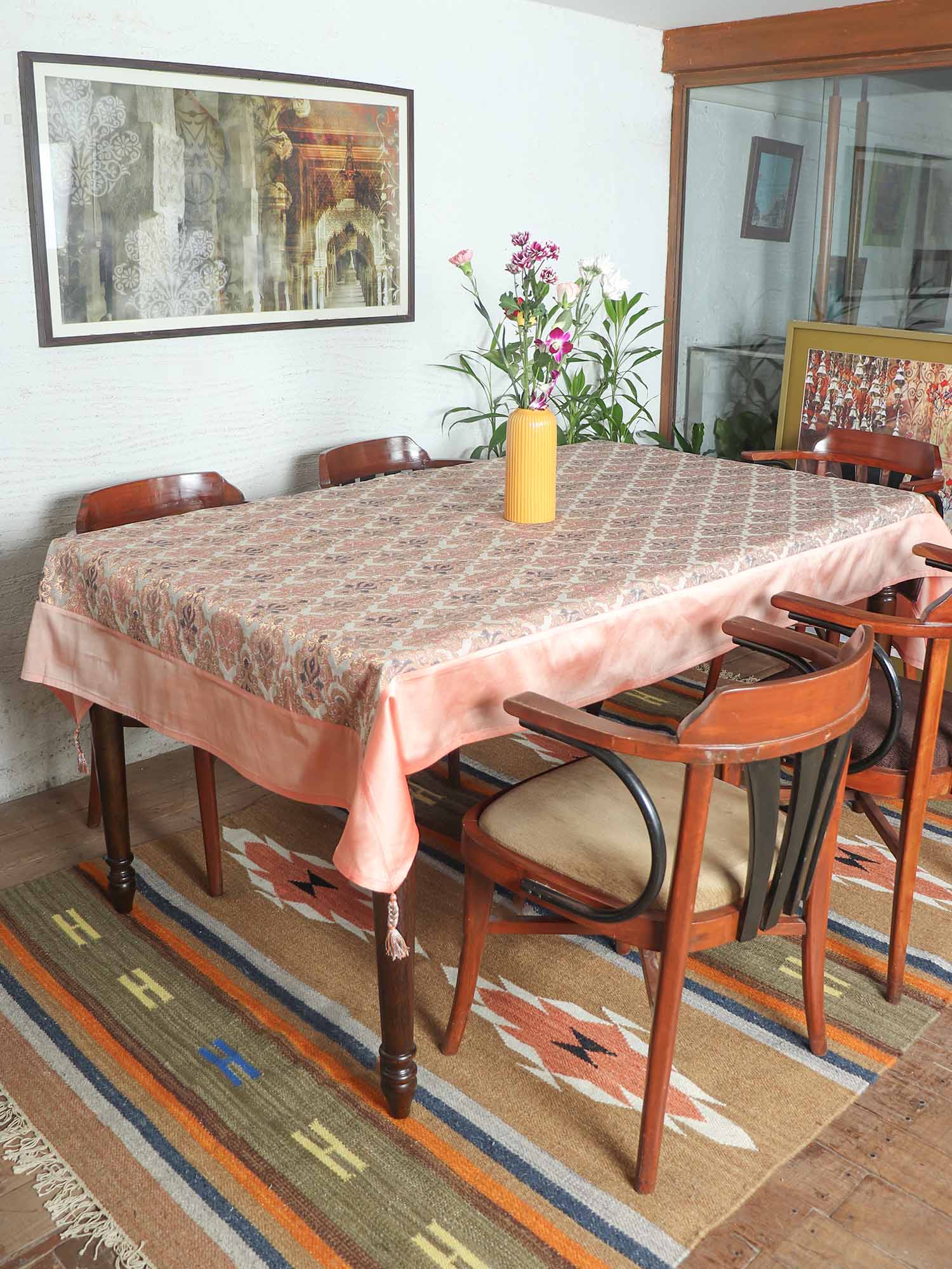 Table Cover Motif with Panel and Hand Braided Tassels | Banarasi Brocade Silk Rose Gold Colored - 52in x 84in