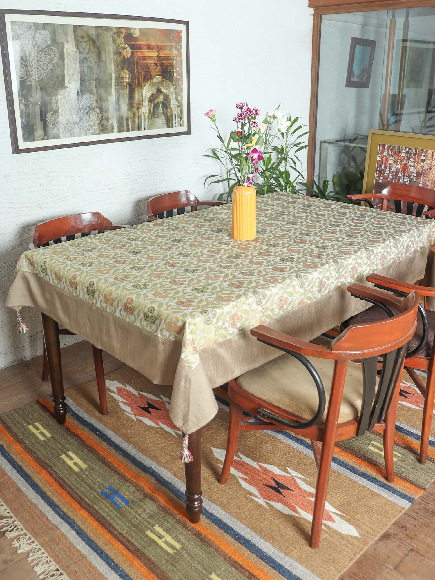 Table Cover Floral with Panel and Hand Braided Tassels| Brocade Silk Golden | Heat Resistant Table Cover for Kitchen Table/Dining Table Cloth, 52 X 84 Inches; 130 cm X 210 cm