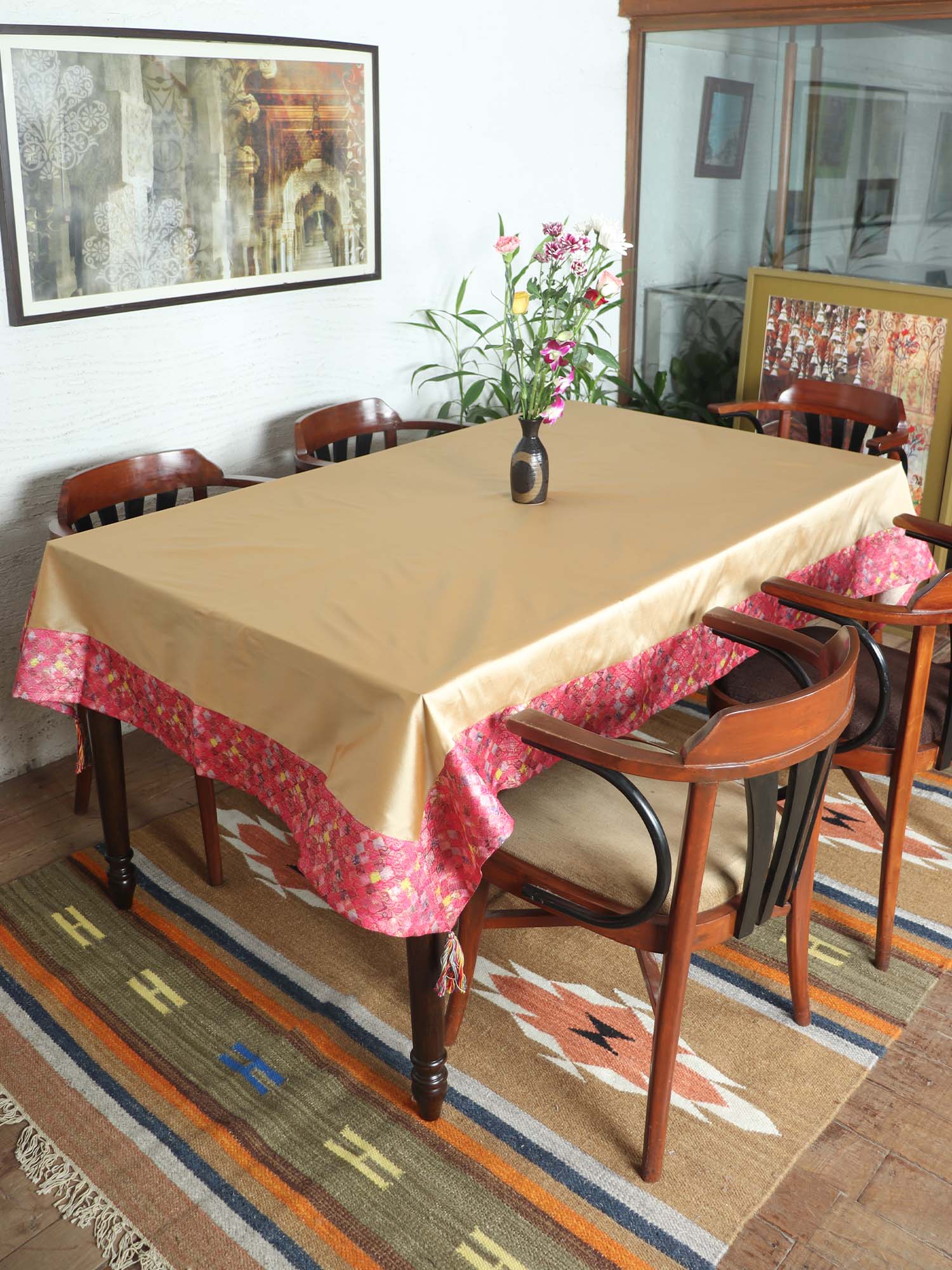 Table Cover Floral Pattern with Panel Stich and Tassels | Brocade Silk - Pink Gold  - 52in x 84in