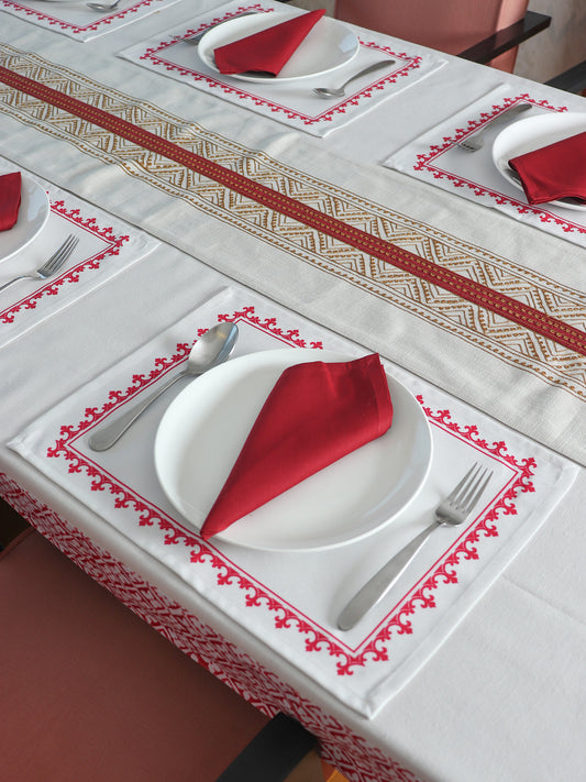 motif printed dinner tablemats and cotton napkins in red and white contrast colors - 13x19 inch