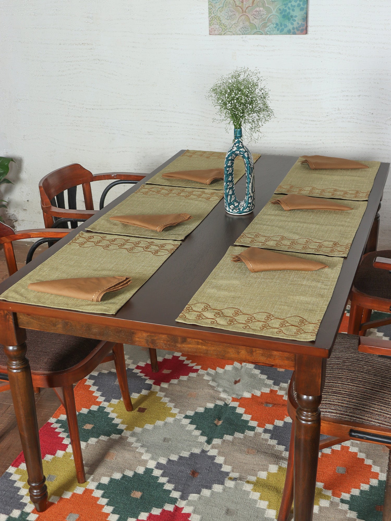 Embroidered Placemat/Tablemats and Napkins Set Polyester Blend - Sage Green| Set of 6 Mats 13x19 in & Set of 6 Dining Napkins 16x16in (33x48 cms, 40x40 cms)