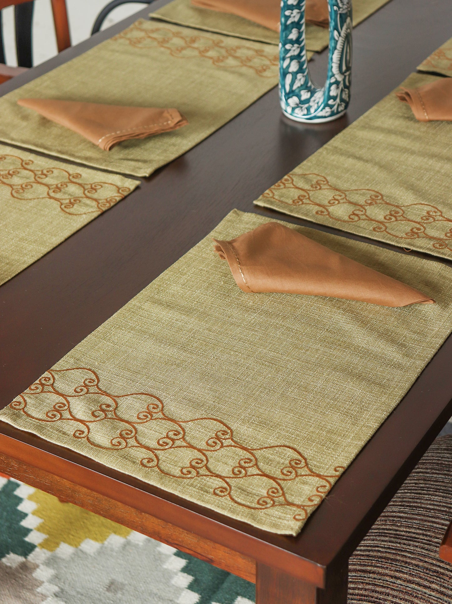 Embroidered Placemat/Tablemats and Napkins Set Polyester Blend - Sage Green| Set of 6 Mats 13x19 in & Set of 6 Dining Napkins 16x16in (33x48 cms, 40x40 cms)