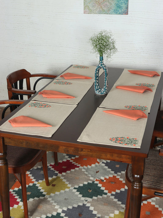 floral embroidered dining table mats and contrast napkins in chawal taka embroidery in beige and rust color combo - 13x19 inch