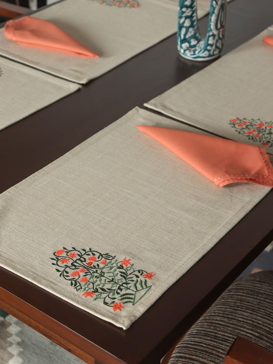 floral embroidered dining table mats and contrast napkins in chawal taka embroidery in beige and rust color combo - 13x19 inch
