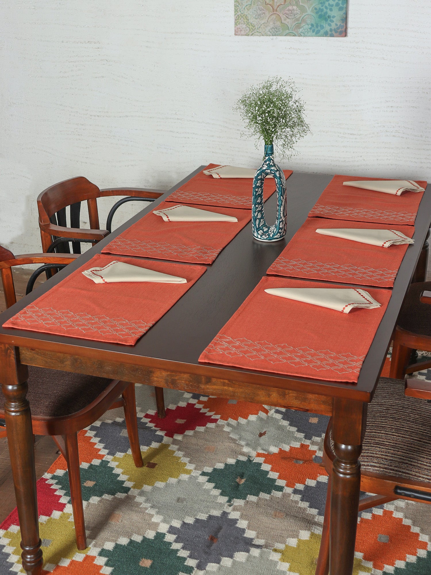 Embroidered Placemat/Tablemats and Napkins Set | Dinner Table Mats/Napkins | Polycanvas - Rust | Set of 6 Mats 13x19 in & Set of 6 Dining Napkins 16x16in | (33x48 cms, 40x40 cms)