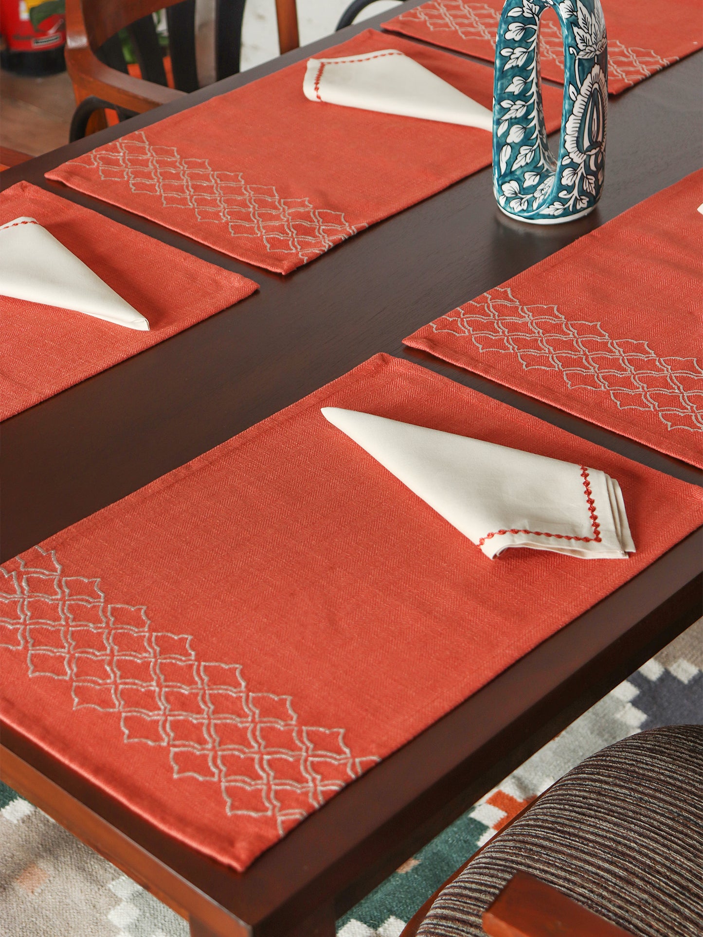 Embroidered Placemat/Tablemats and Napkins Set | Dinner Table Mats/Napkins | Polycanvas - Rust | Set of 6 Mats 13x19 in & Set of 6 Dining Napkins 16x16in | (33x48 cms, 40x40 cms)