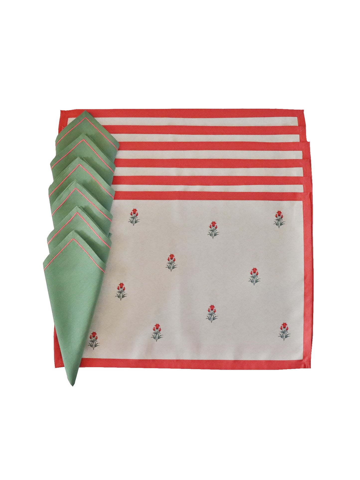 printed motif table mats and embroidered napkins, set of 6 each- 13x19 inch