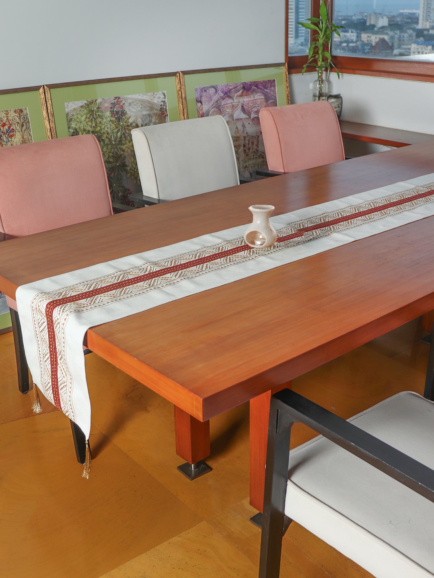 Table Runner with Embroidery and Patchwork in Center and Tassels | Cotton Blend - Beige | 4 Seater/6 Seater Table Cloth, Runner for Dining Table - 30 cms x 210 cms; 12 inches x 84 inches