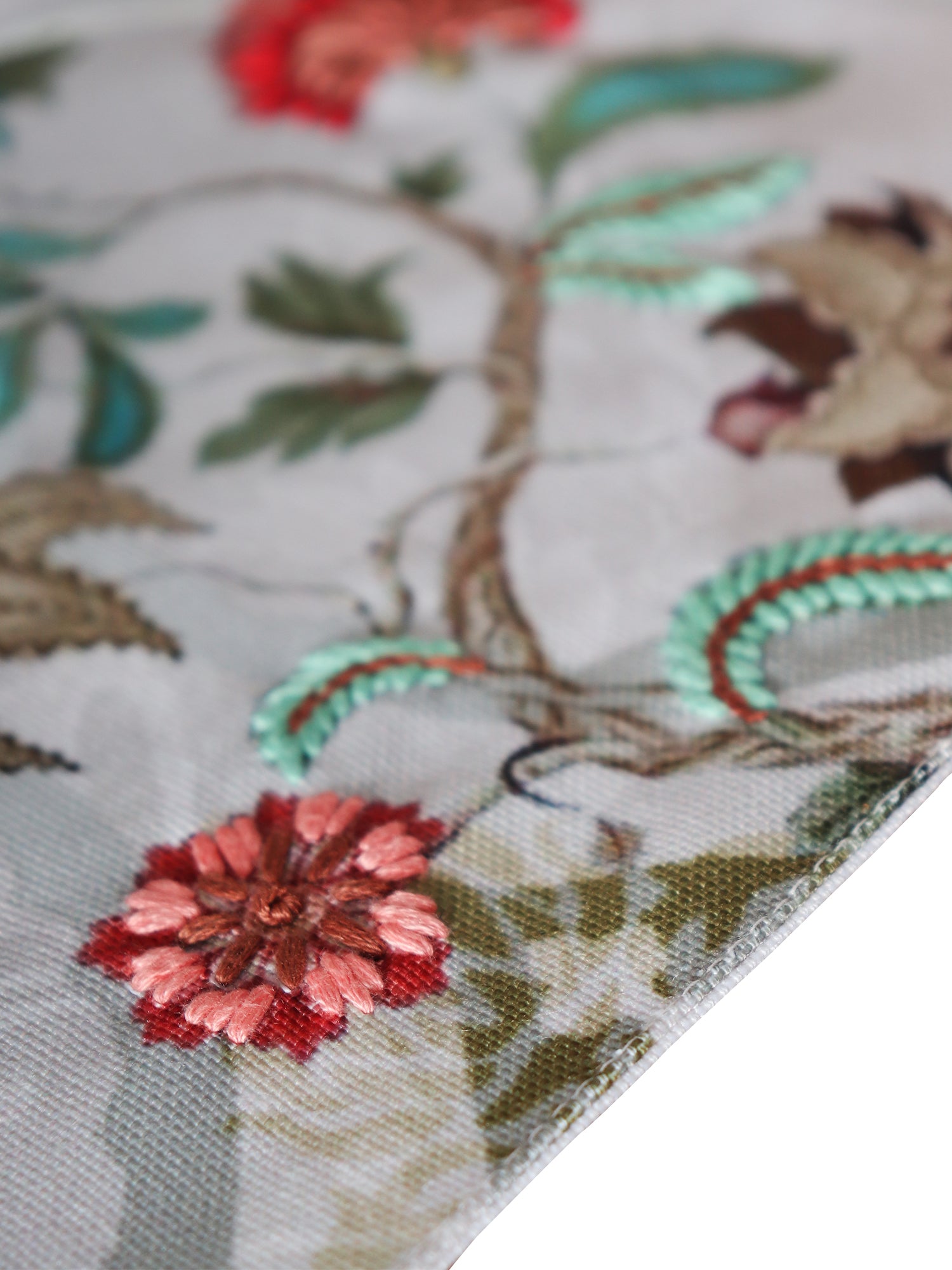 closeup of floral hand embroidery on blue table runner - 12x84 inch 
