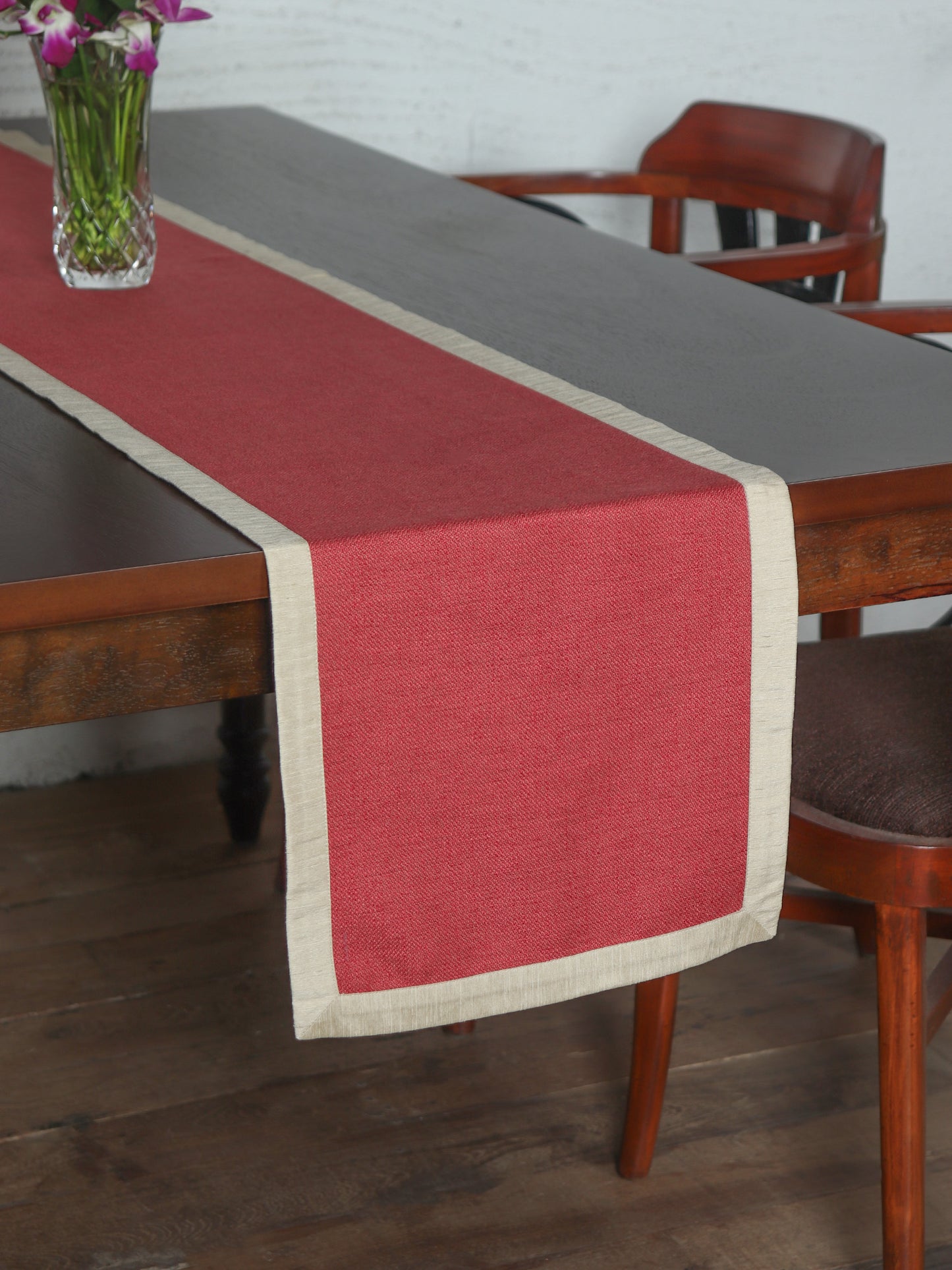 Textured Table Runner with Flange Border | Red and Gold | 4 Seater / 6 Seater Table Runner Cloth, Table Runner for Living Room, Dining Table Runner- 30 cms x 210 cms; 12 inches x 84 inches.