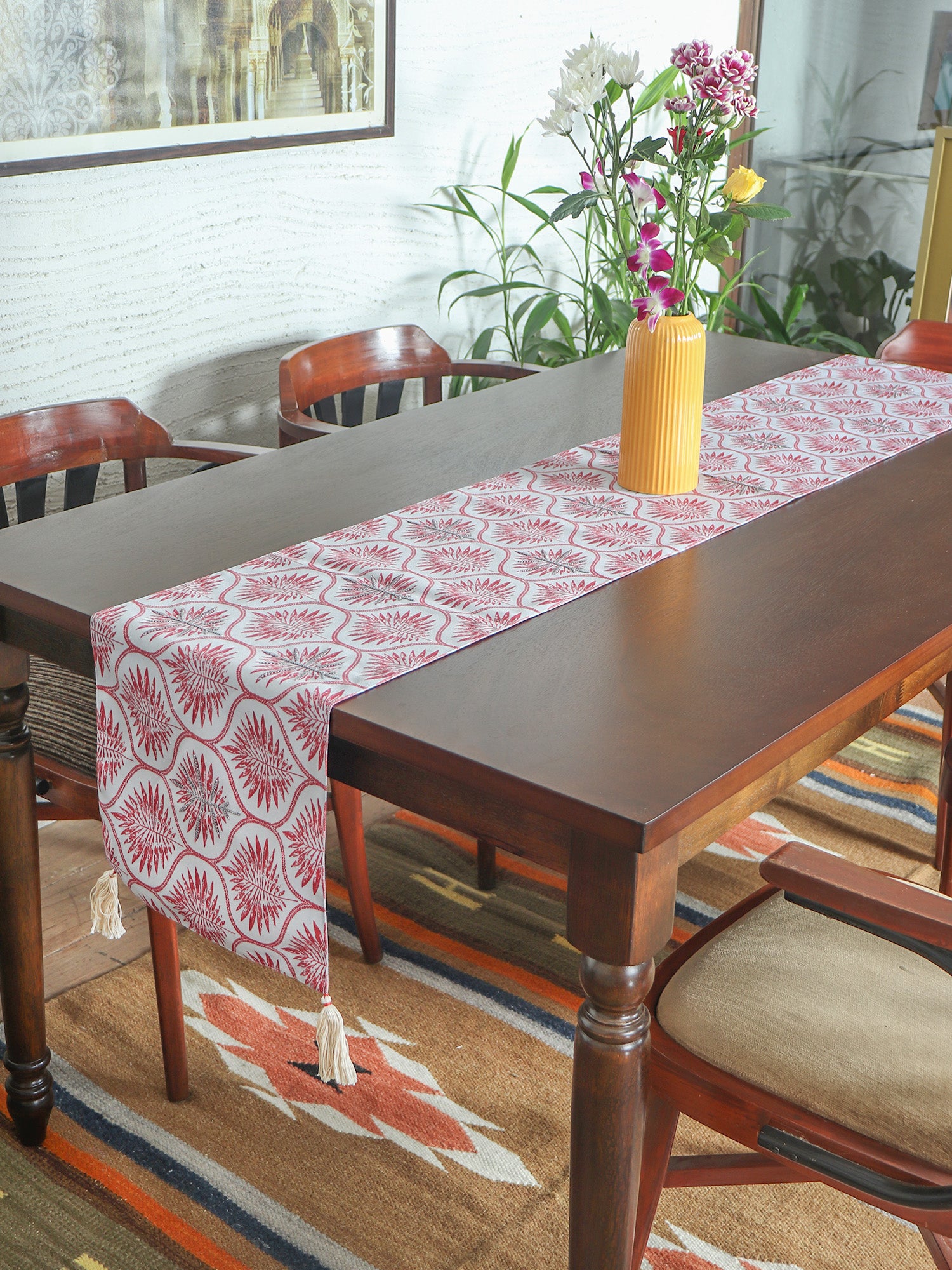 Table Runner with Hand Embroidery and Tassels | Polycanvas - Maroon | 4 Seater / 6 Seater Table Runner Cloth, Table Runner for Living Room, Dining Table - 30 x 210 cms; 12 x 84 inches