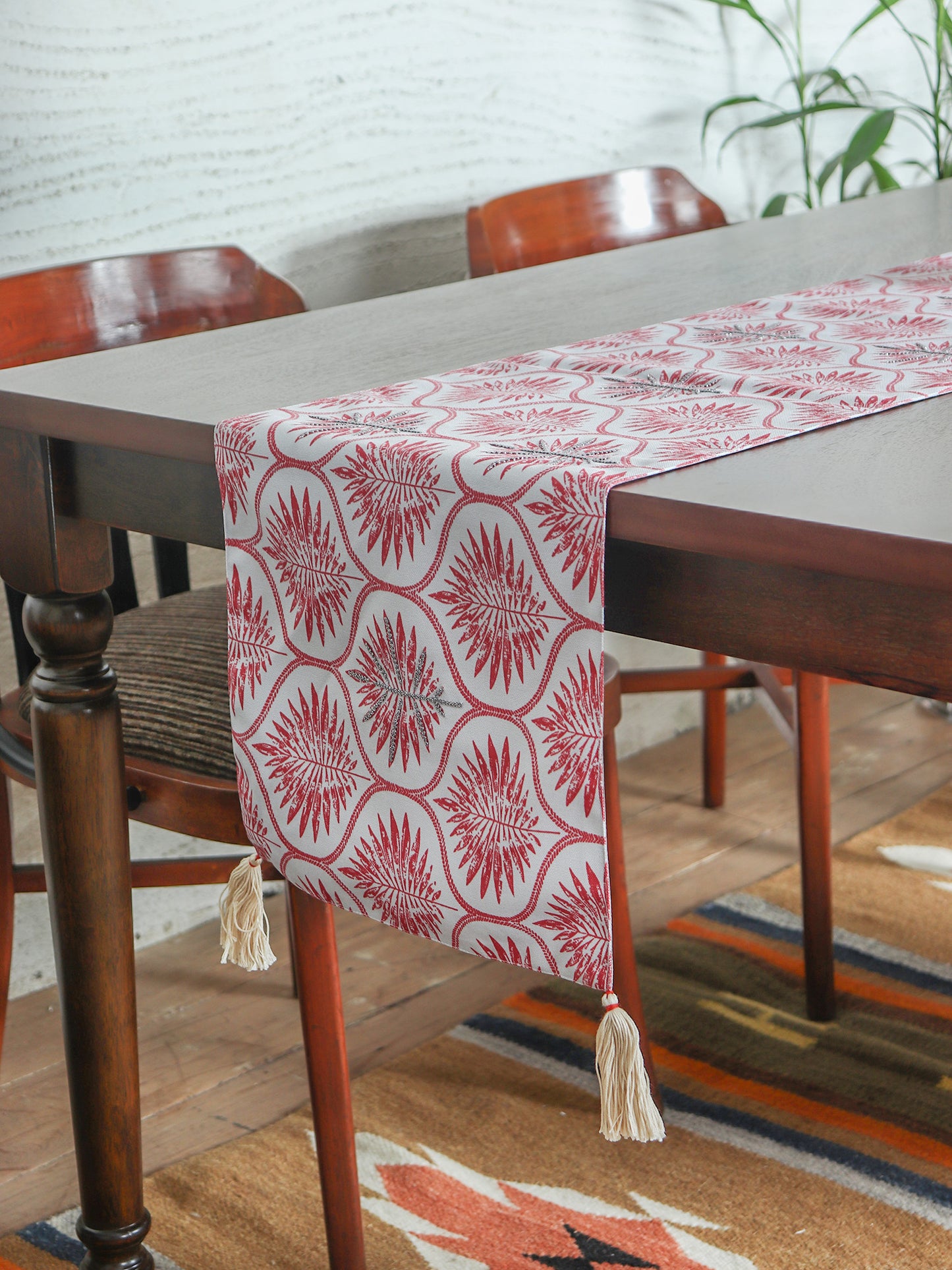 Table Runner with Hand Embroidery and Tassels | Polycanvas - Maroon | 4 Seater / 6 Seater Table Runner Cloth, Table Runner for Living Room, Dining Table - 30 x 210 cms; 12 x 84 inches