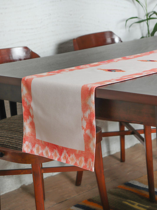 orange beige table runner with hand embroidery on printed motif for 6 seater dining table - 12x84 inch