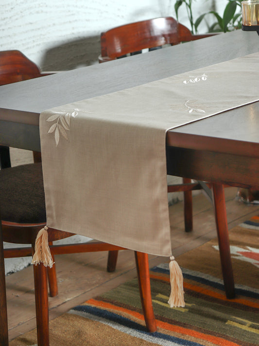 Table Runner 2 Tone Leaves Embroidered with Tassels | Beige - 12in X 84in