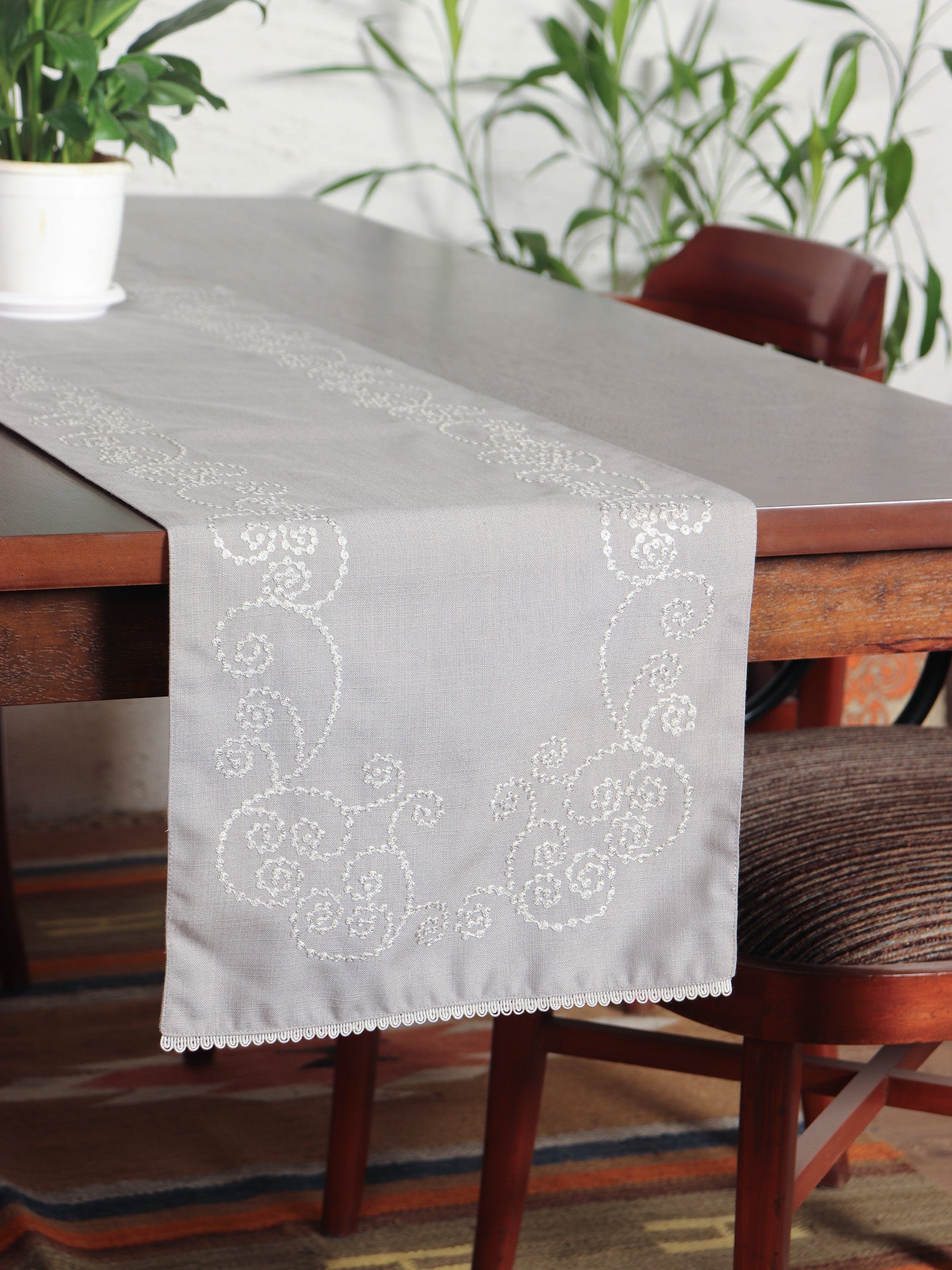 Zeba World (Luxury) Table Runner with Dotted Embroidery with Laces on longer ends | Grey 6 Seater Table Runner Cloth, Table Runner for Living Room, Dining Table - 30 cms x 210 cms; 12 x 84 inches