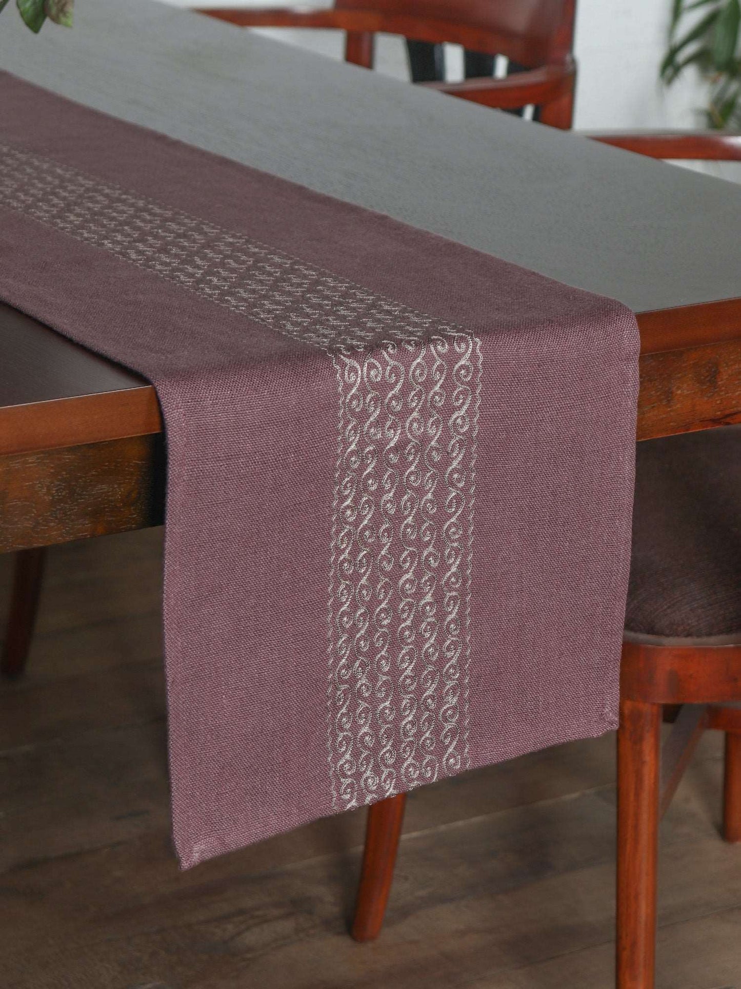 Textured Table Runner with Embroidery in Center - Voilet colored, 6 Seater Table Runner Cloth, - 12 x 84 inches