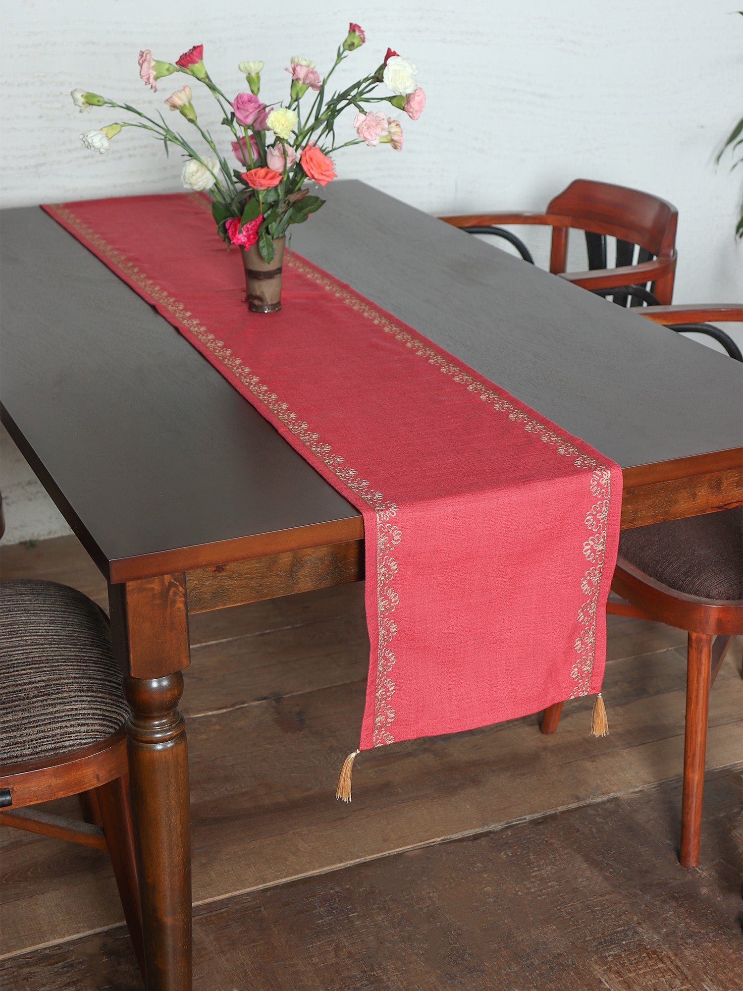 Table Runner with Embroidery on Edges and Tassels | Red - 12in X 84in
