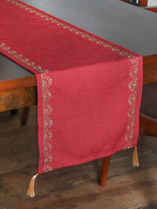 red colored embroidered table runner with tassels on edges for 6 seater table - 52x84 inches